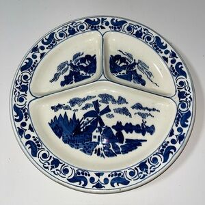 Persianware from German Delftware Blue & White Divider Plate Tray Windmill VTG